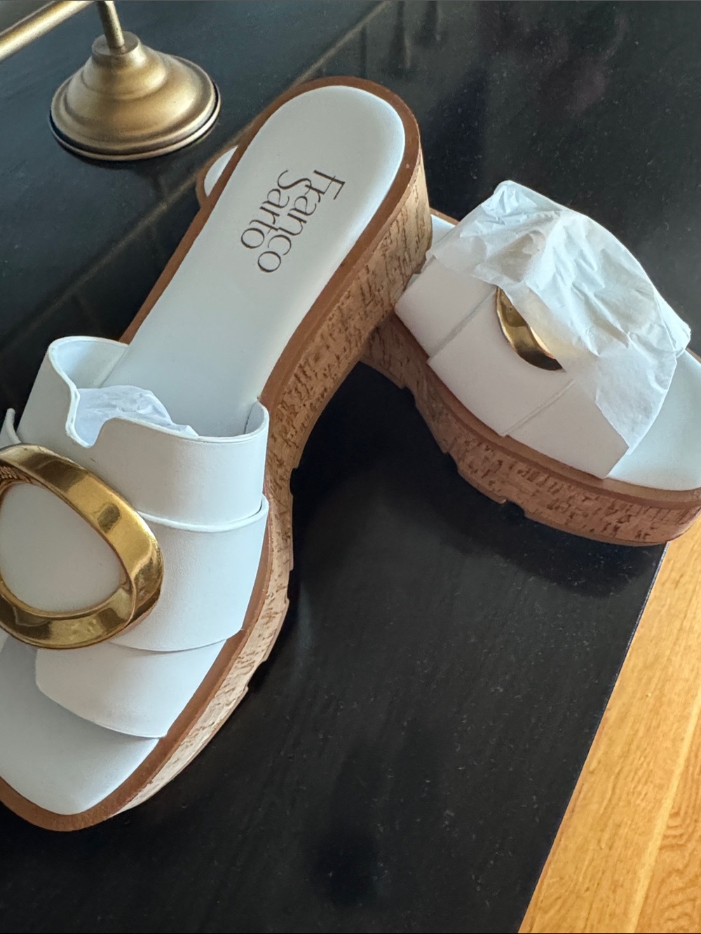 Franco Sarto White Cork Platform Slide with Gold Accent